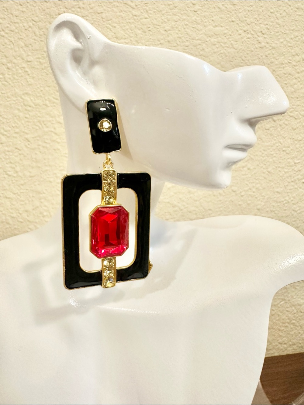 Gold-Plated Black Enamel & Red Crystal Statement Drop Earrings